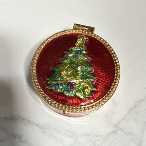 Vintage Christopher Radko Christmas Tree Trinket Pill Box Enamel Rhinestone MCM